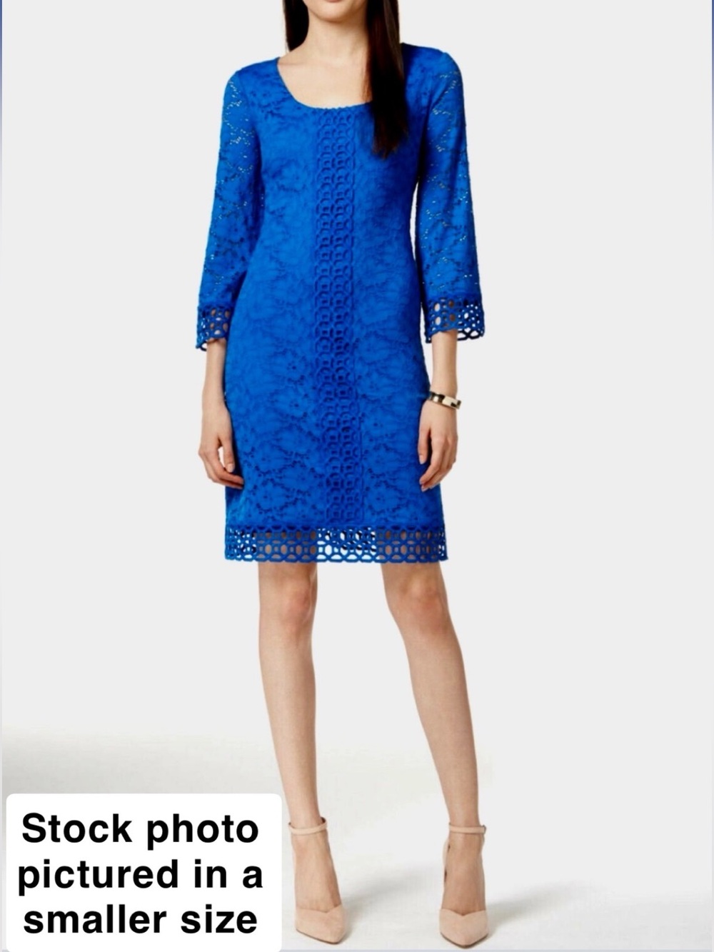 XL Vibrant Royal Blue Crochet Lace Alfani Sheath Dress 3/4 Sleeve Lined Scallop